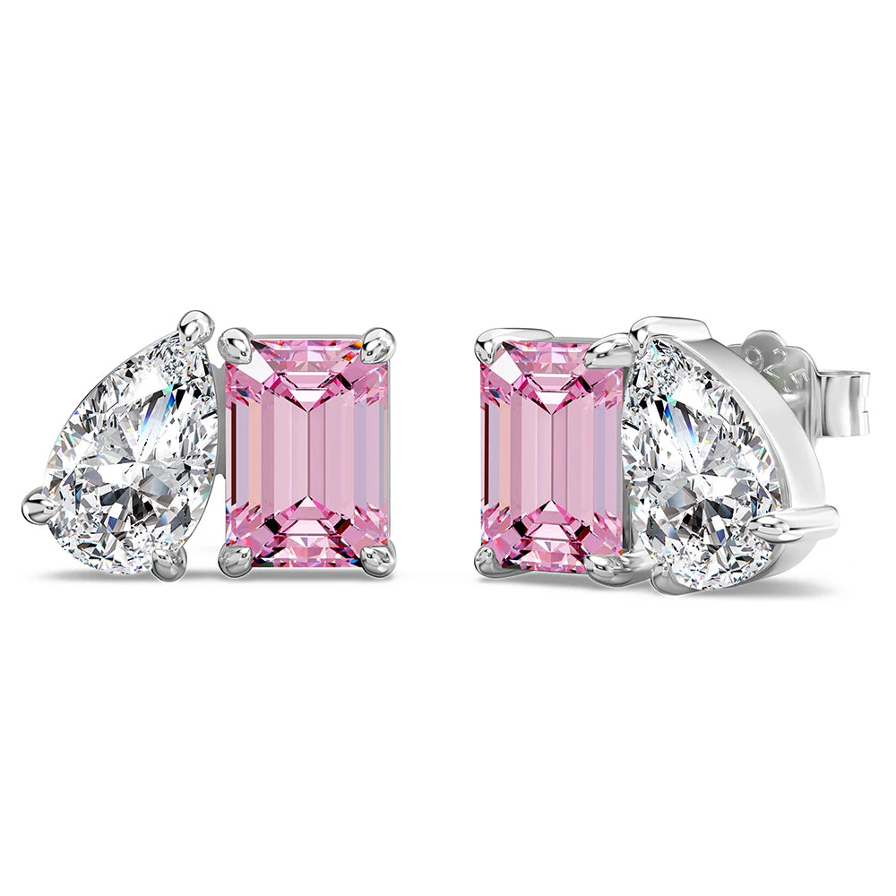 Silver Zircon Emerald Cut Inlaid Multi Shape Ear Studs