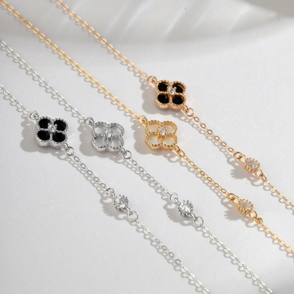 Silver Zircon Round Cut Clover Chain Bracelet