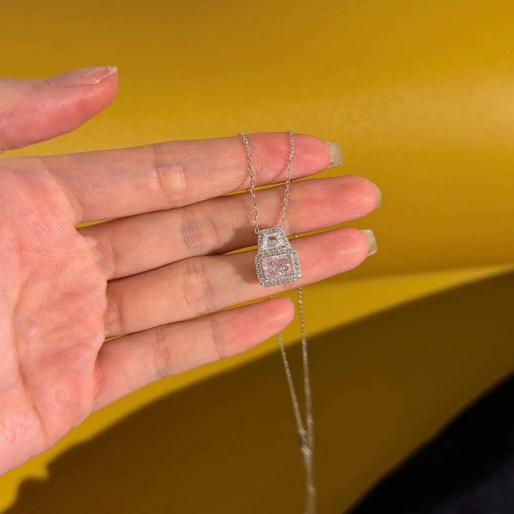 Silver Zircon Radiant Cut Halo Pendant Necklace