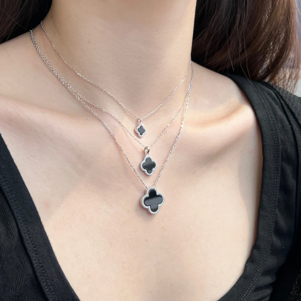 Silver Zircon Round Cut Inlaid Clover Pendant Necklace