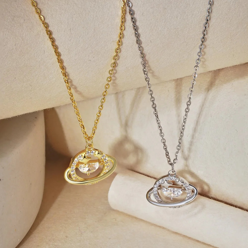 Silver Zircon Half Moon Cut Planet Pendant Necklace