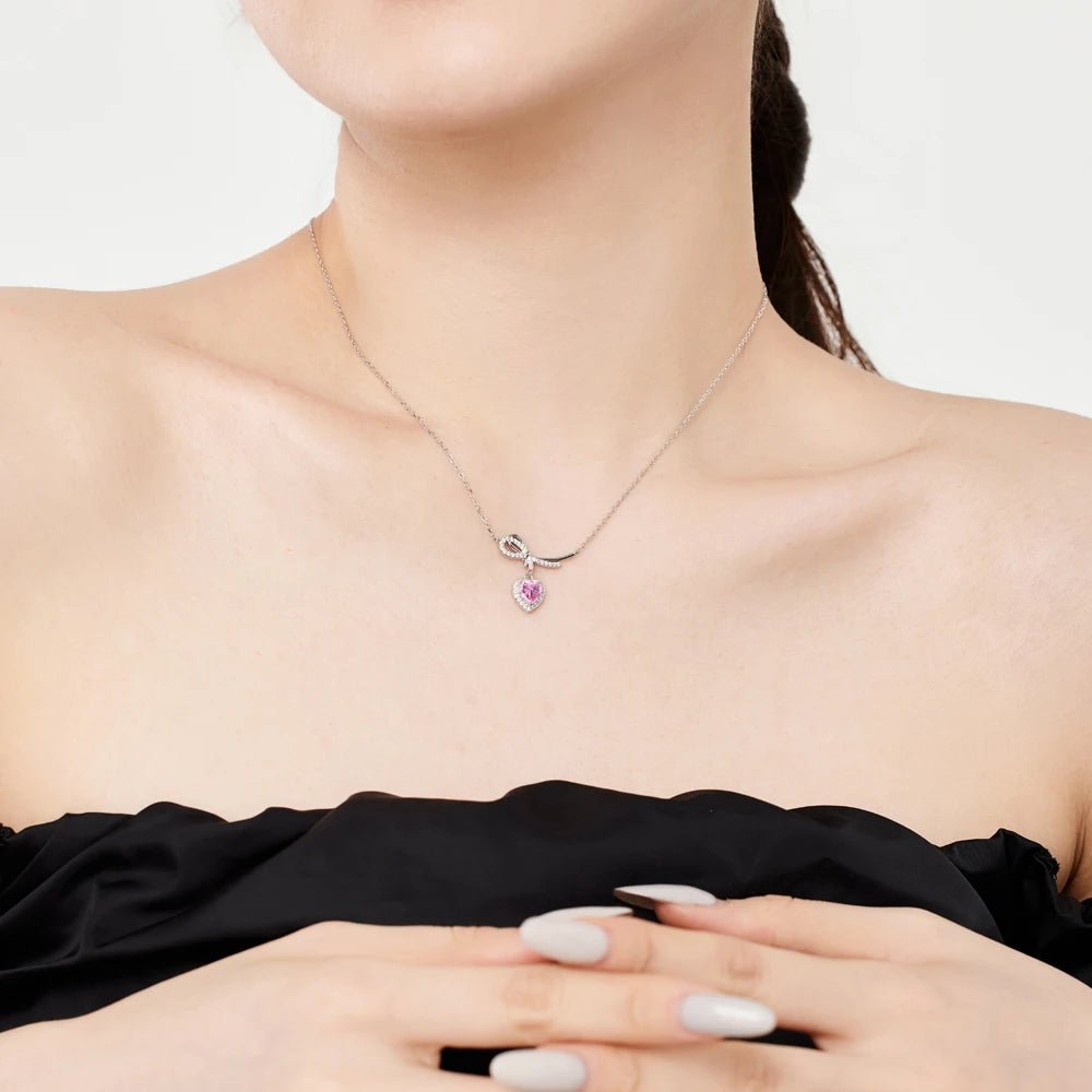 Silver Zircon Heart Cut Inlaid Bow Knot Pendant Necklace