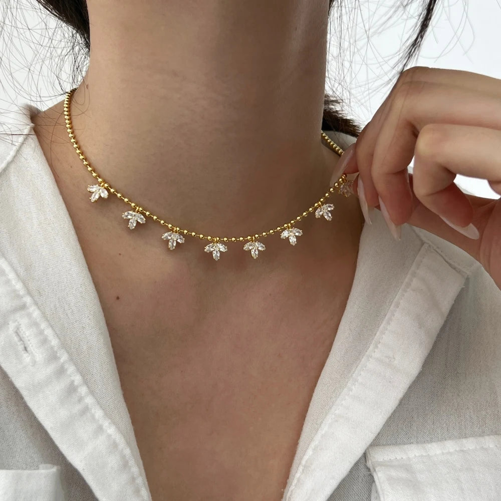 Silver Zircon Marquise Cut Bay Leaf Chain Necklace