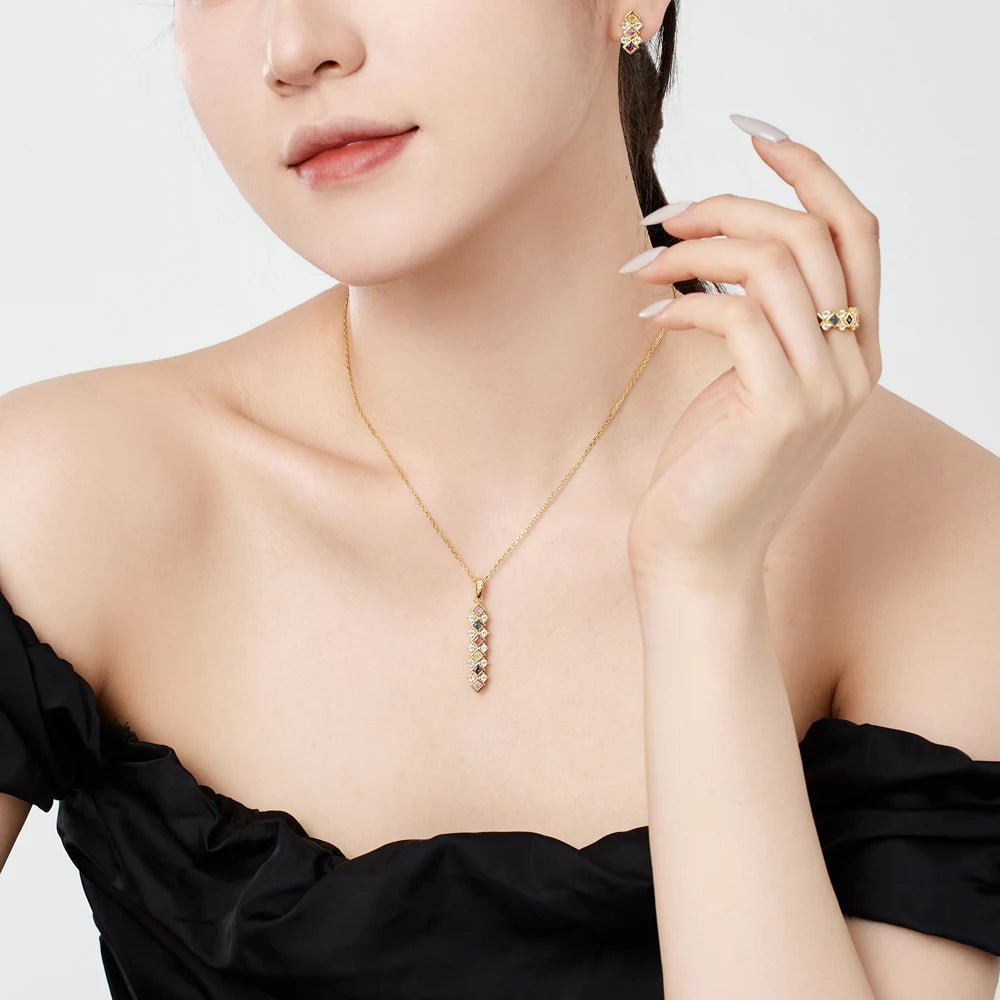 Silver Zircon Princess Cut Irregular Line Bar Necklace