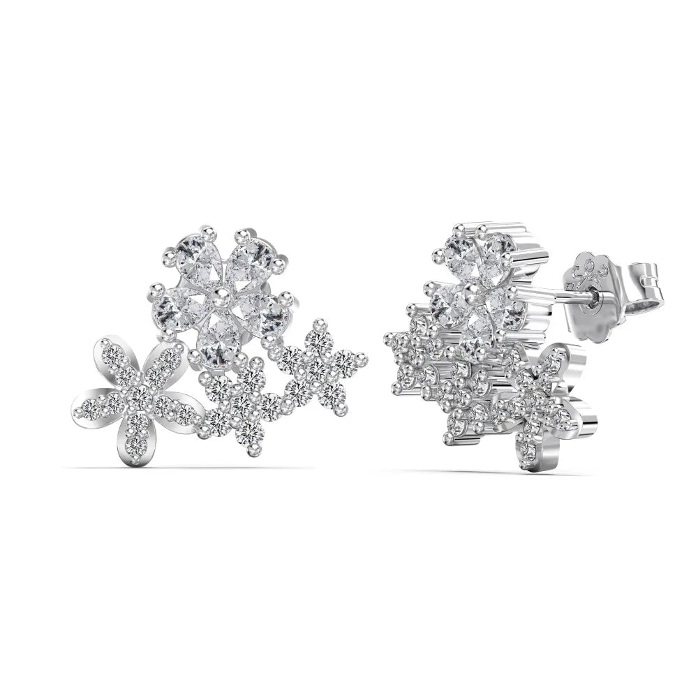 Silver Zircon Pear Cut Inlaid Flower Ear Studs