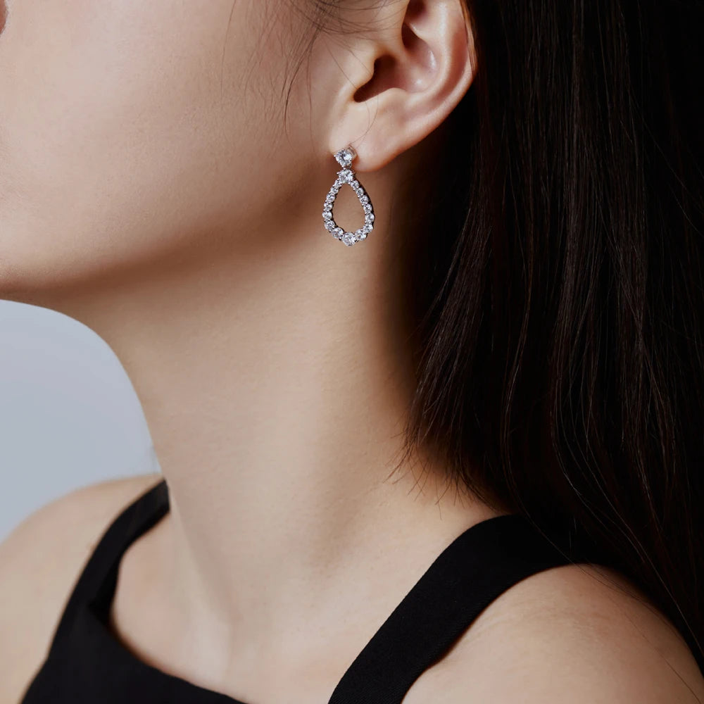 Silver Zircon Round Cut Halo Water Drop Drop Earrings