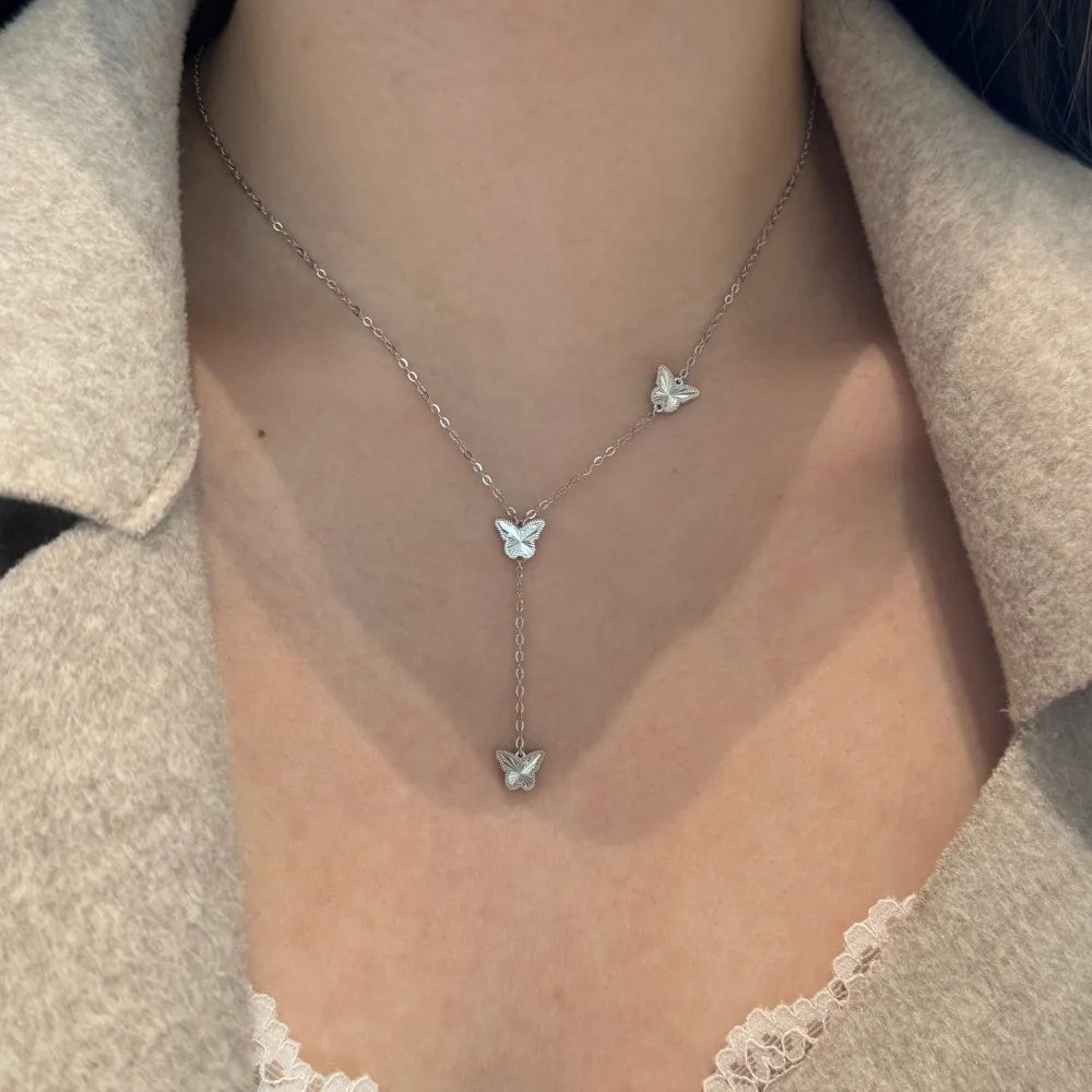 Silver Brushed Stacked Butterfly Chain Necklace