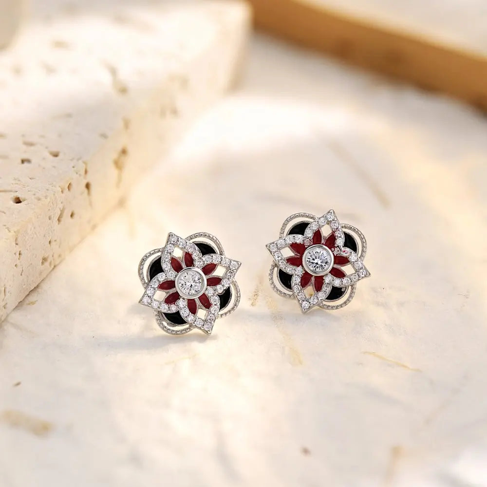 Silver Zircon Round Cut Clover Flower Ear Studs