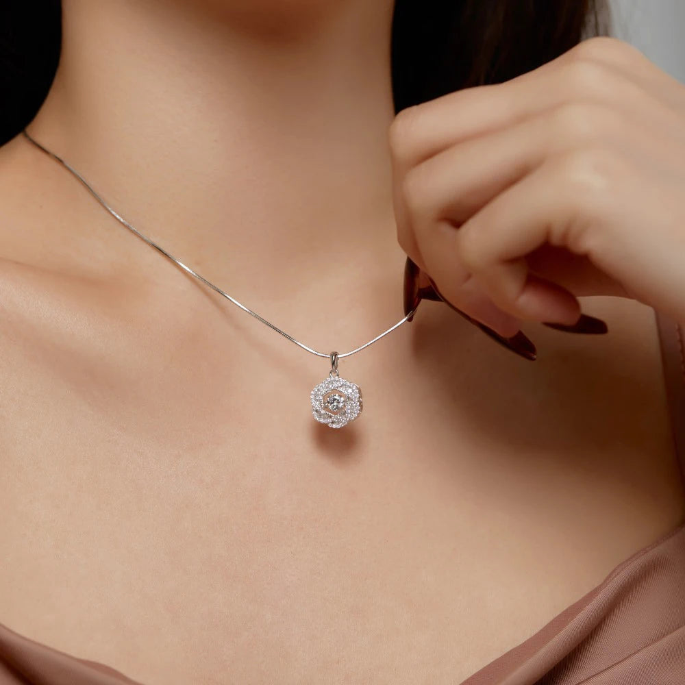 Silver Zircon Round Cut Halo Flower Pendant Necklace