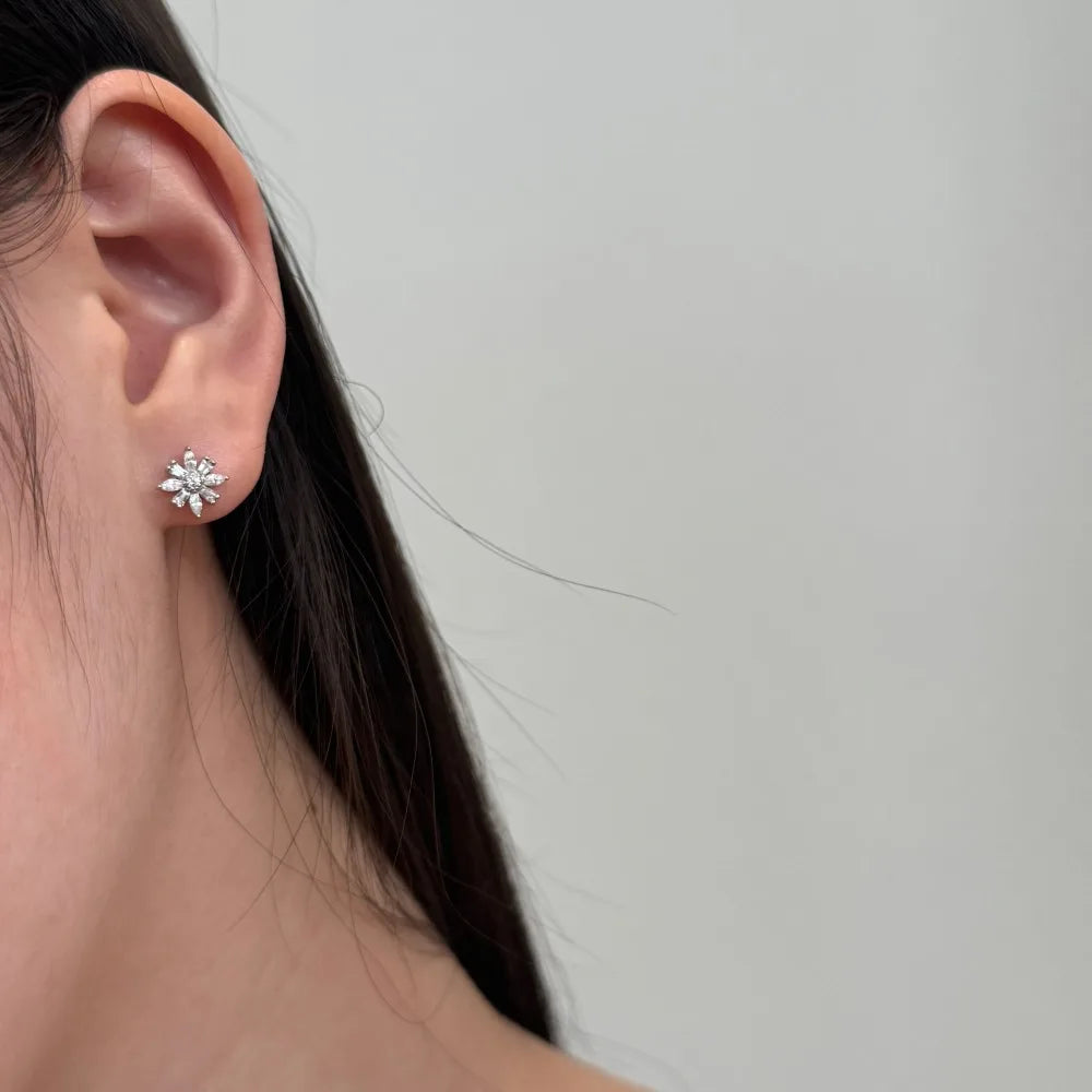 Silver Zircon Tapered Baguette Cut Snowflake Ear Studs