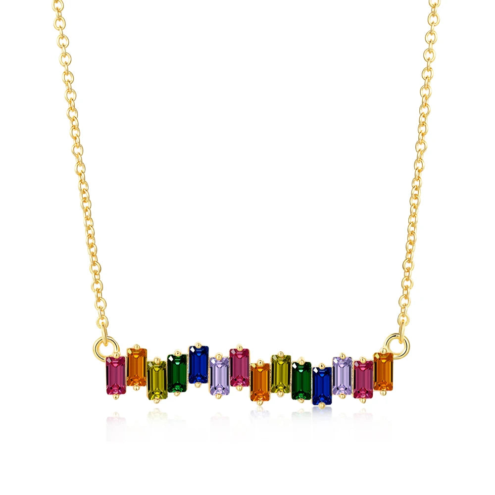 Silver Zircon Baguette Cut Irregular Bar Necklace