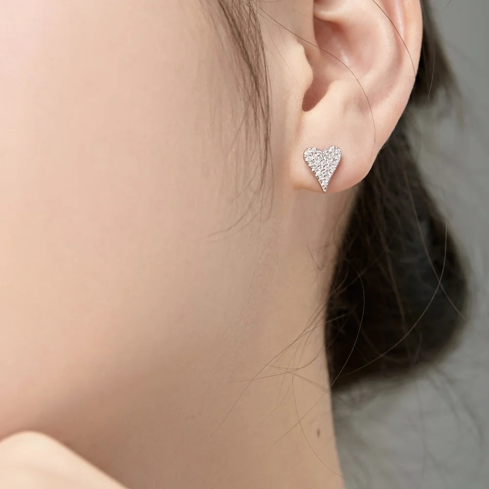 Silver Zircon Round Cut Iced Heart Ear Studs