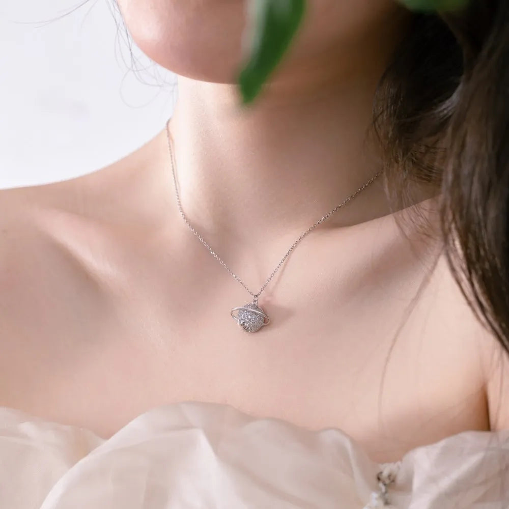 Silver Zircon Round Cut Iced Globe Pendant Necklace