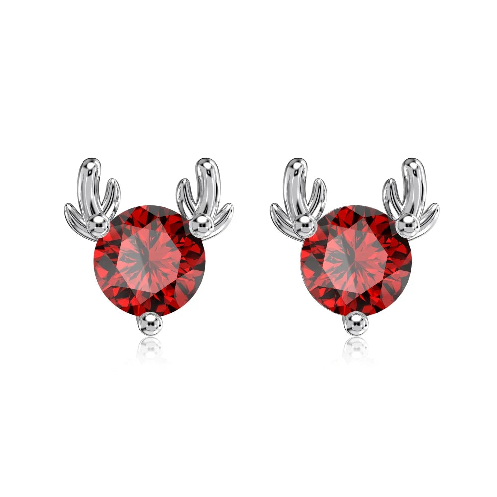 Silver Zircon Round Cut Elk Ear Studs