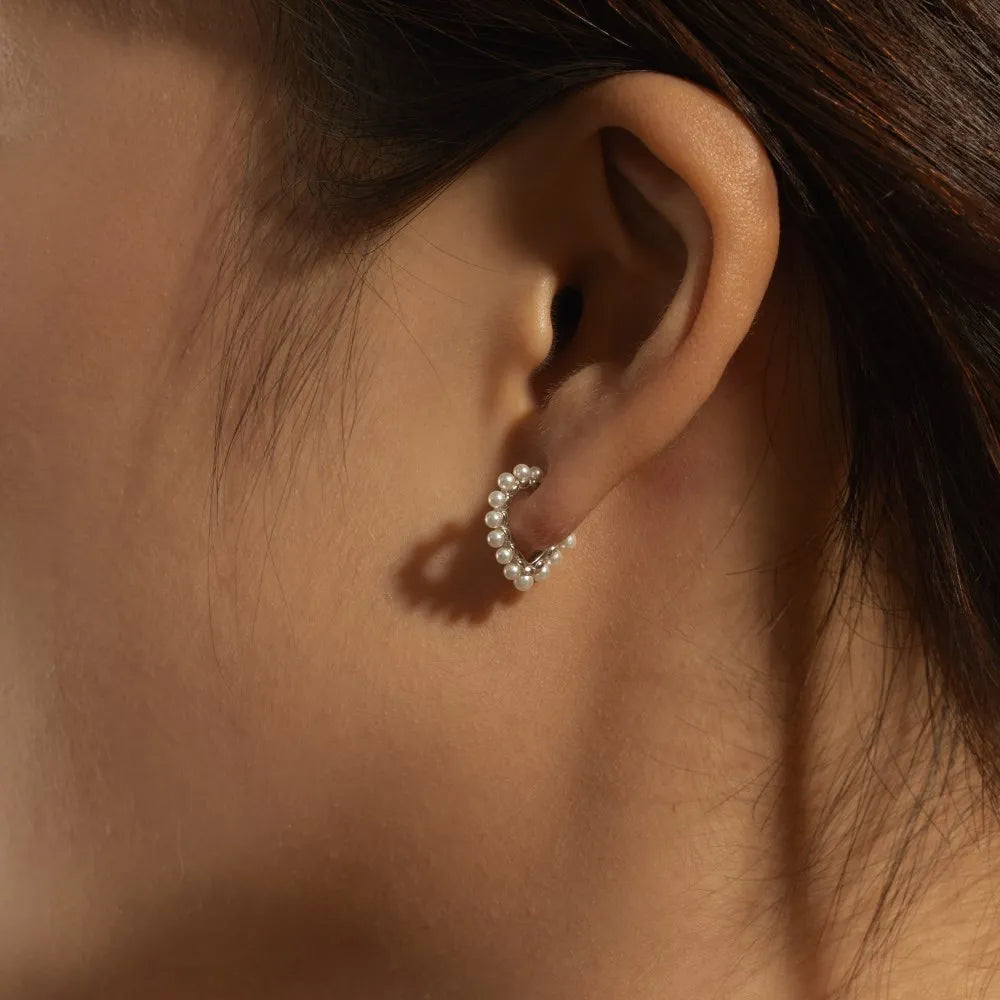 Silver Pearl Heart Hook Ear Hoops