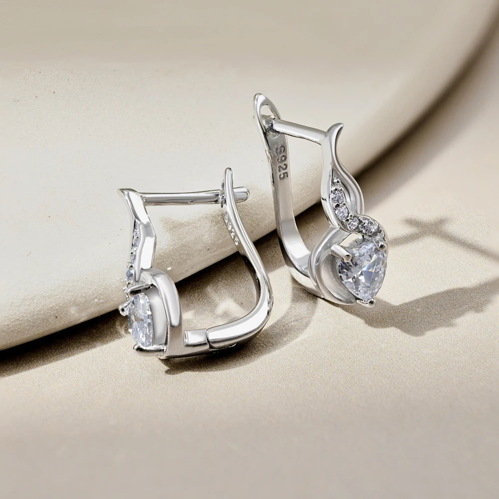 Silver Zircon Heart Cut Twisted Huggie Earrings