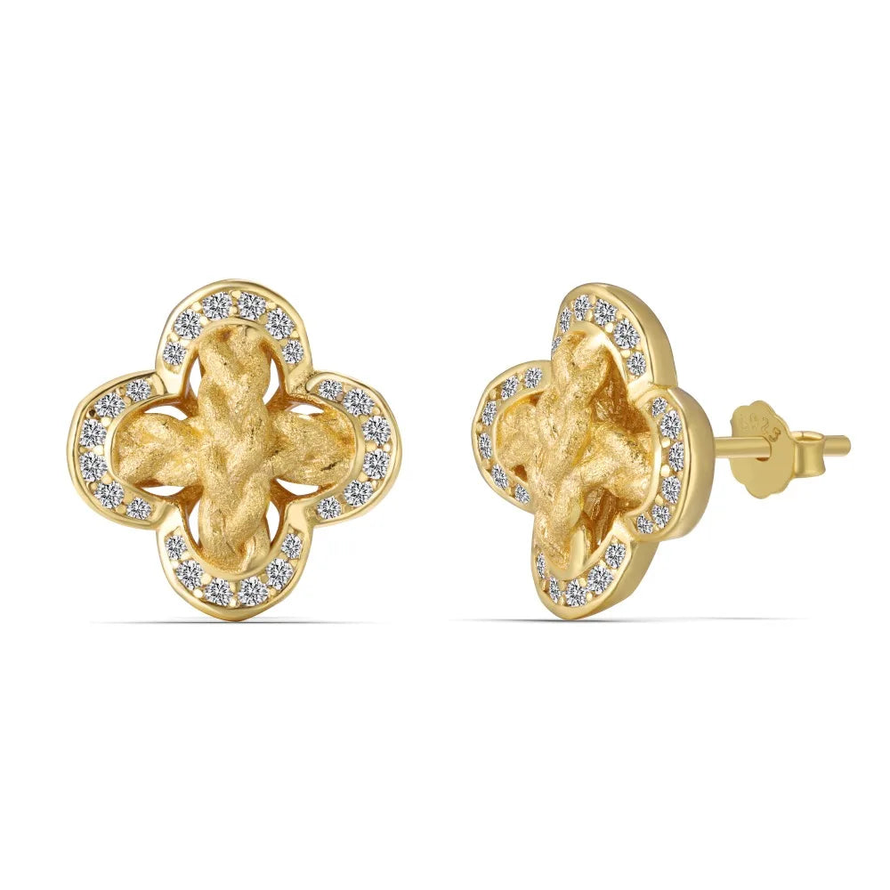 Silver Zircon Round Cut Brushed Clover Ear Studs
