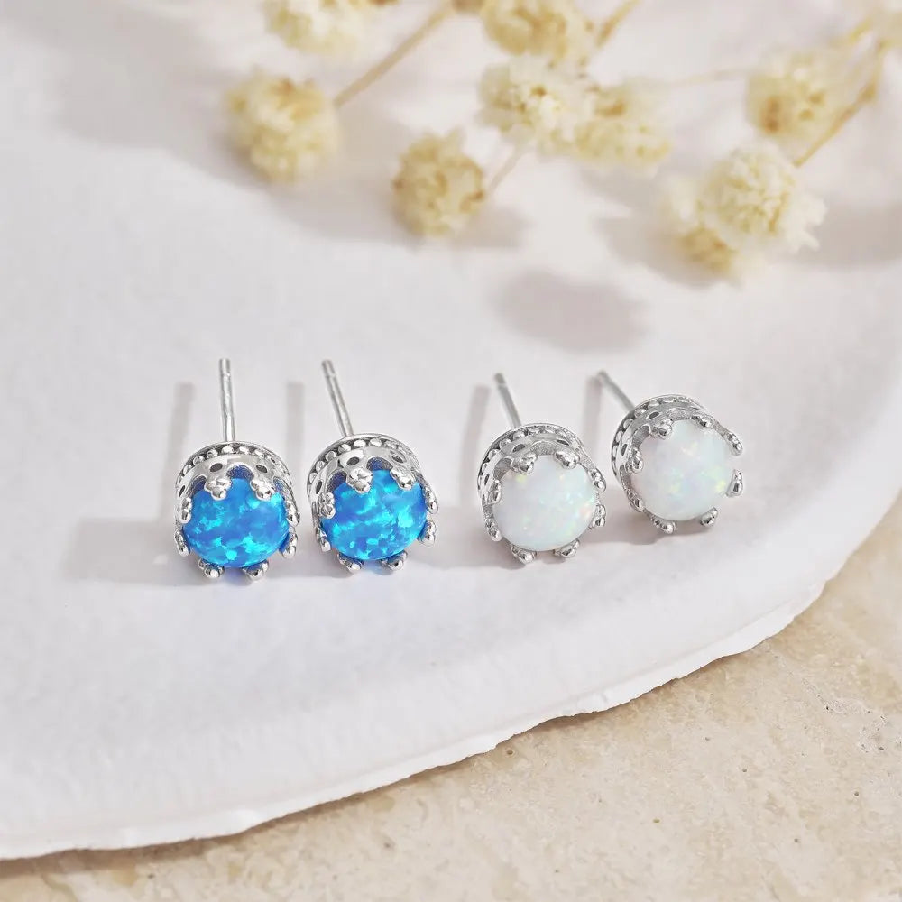 Silver Opal Round Cut Wrapped Ear Studs