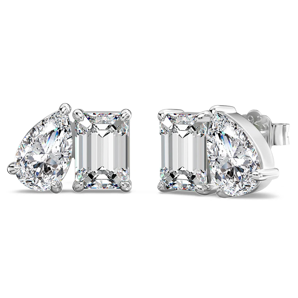 Silver Zircon Emerald Cut Inlaid Multi Shape Ear Studs