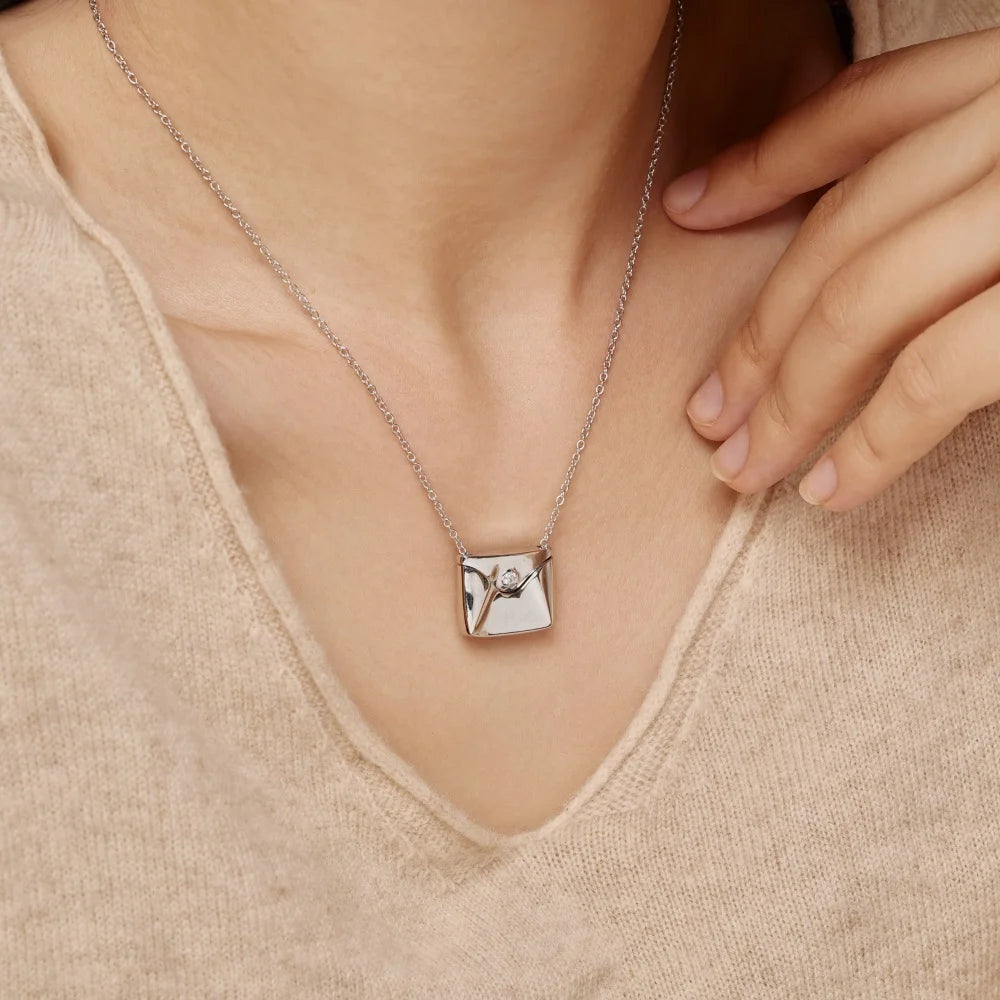 Silver Zircon Round Cut Envelope Pendant Necklace