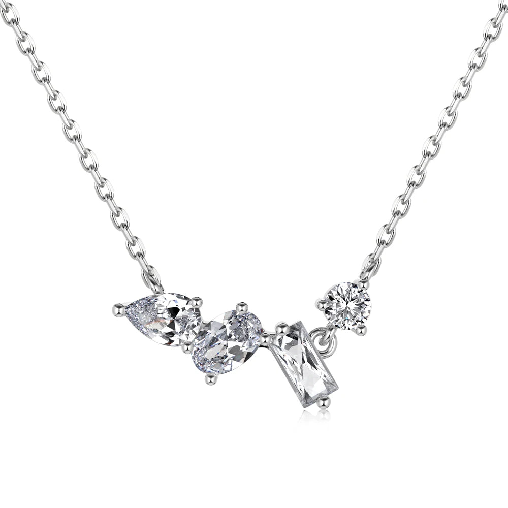 Silver Zircon Baguette Cut Multi Shape Bar Necklace