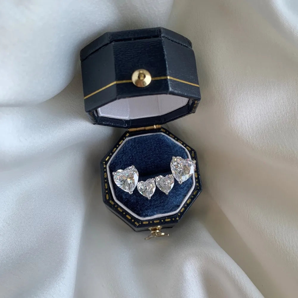 Silver Zircon Heart Cut Side Stacked Ear Studs