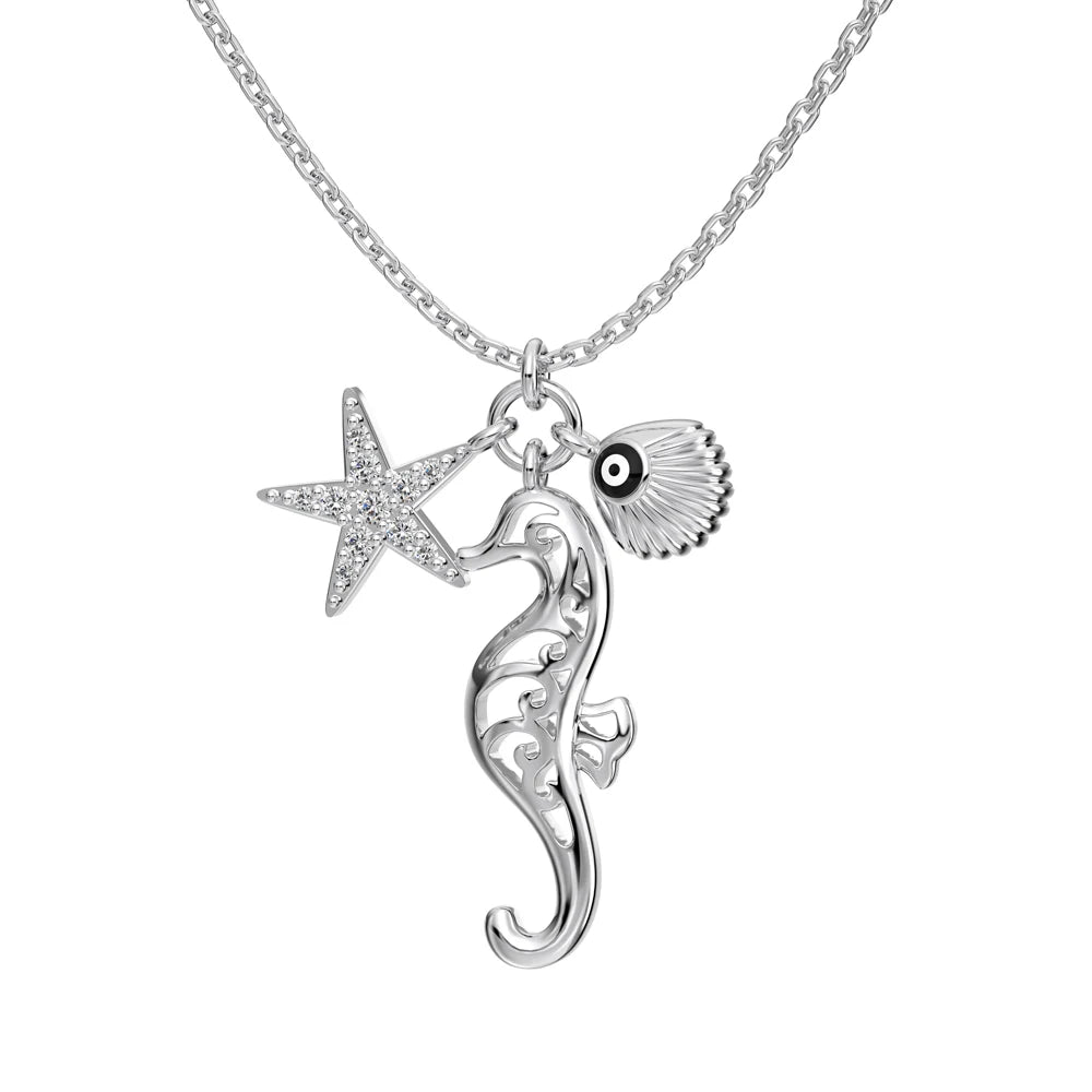 Silver Zircon Round Cut Seahorse Pendant Necklace