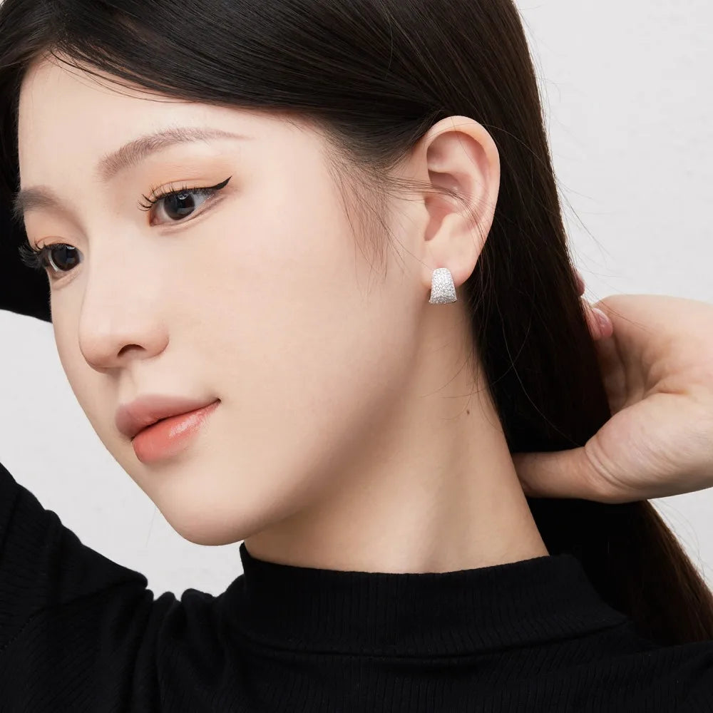 Silver Zircon Round Cut Iced Chunky Huggie Earrings