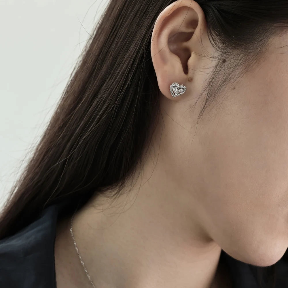 Silver Zircon Pear Cut Iced Heart Ear Studs