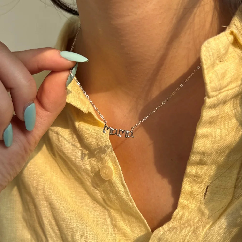 Silver Zircon Round Cut Mama Bar Necklace