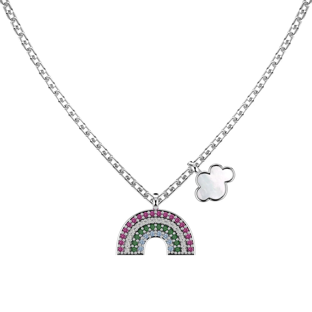 Silver Zircon Round Cut Inlaid Rainbow Pendant Necklace