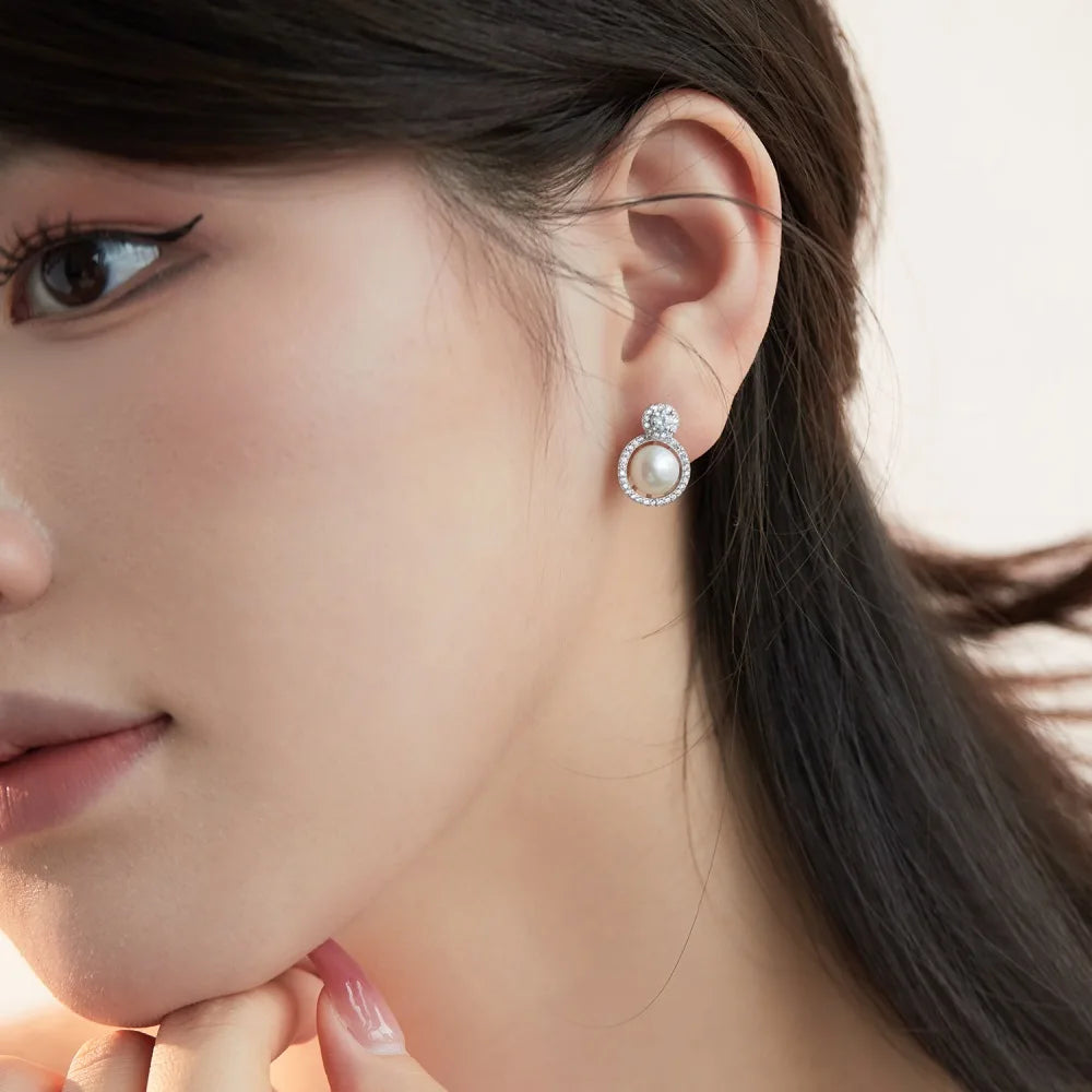 Silver Pearl Halo Ear Studs