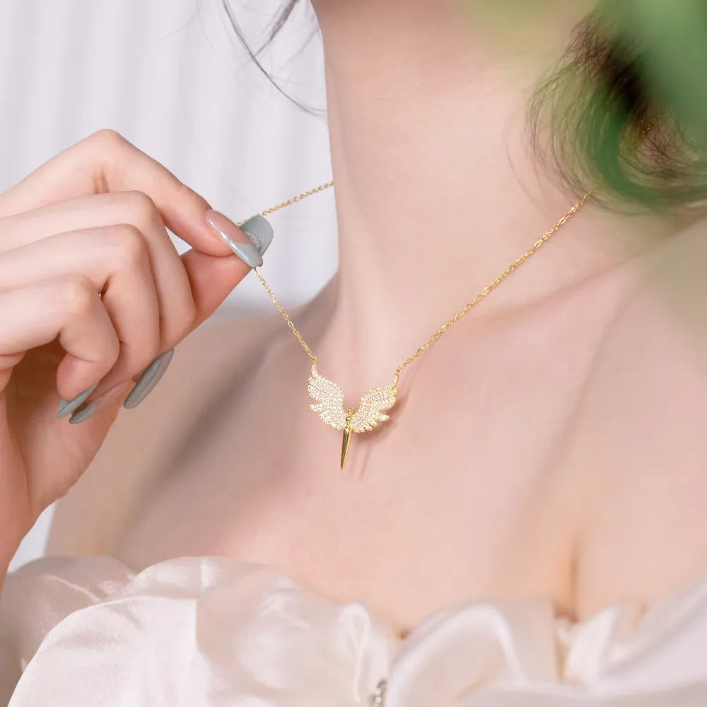 Silver Zircon Round Cut Sword & Wings Pendant Necklace