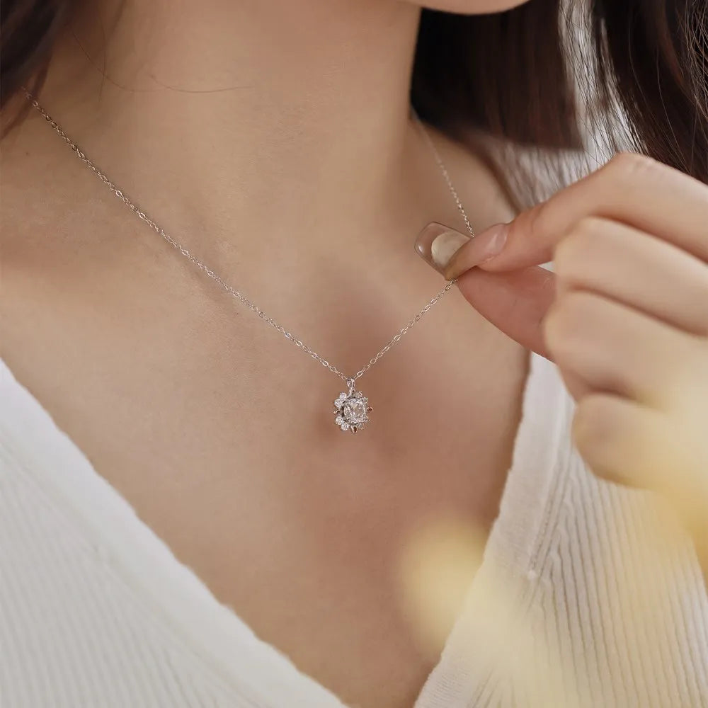 Silver Zircon Round Cut Iced Snowflake Pendant Necklace