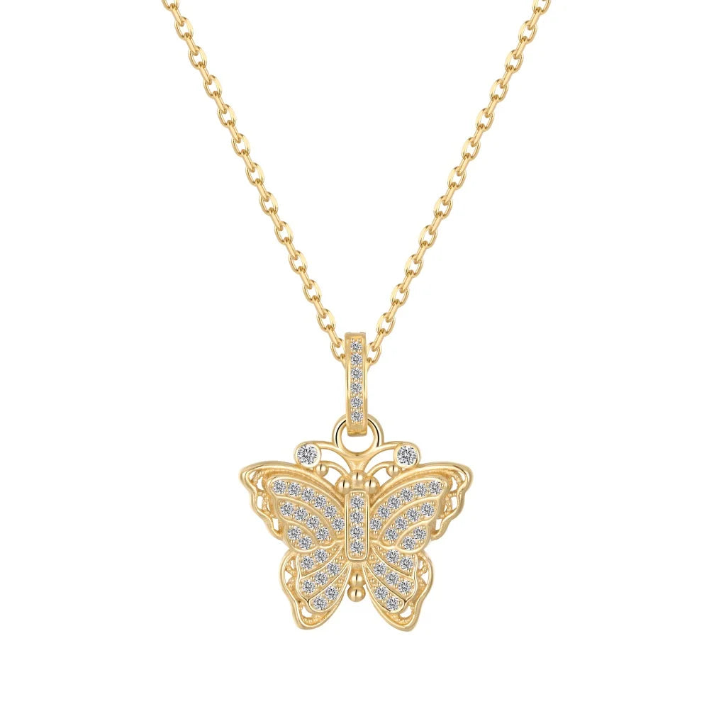 Silver Zircon Round Cut Iced Butterfly Pendant Necklace