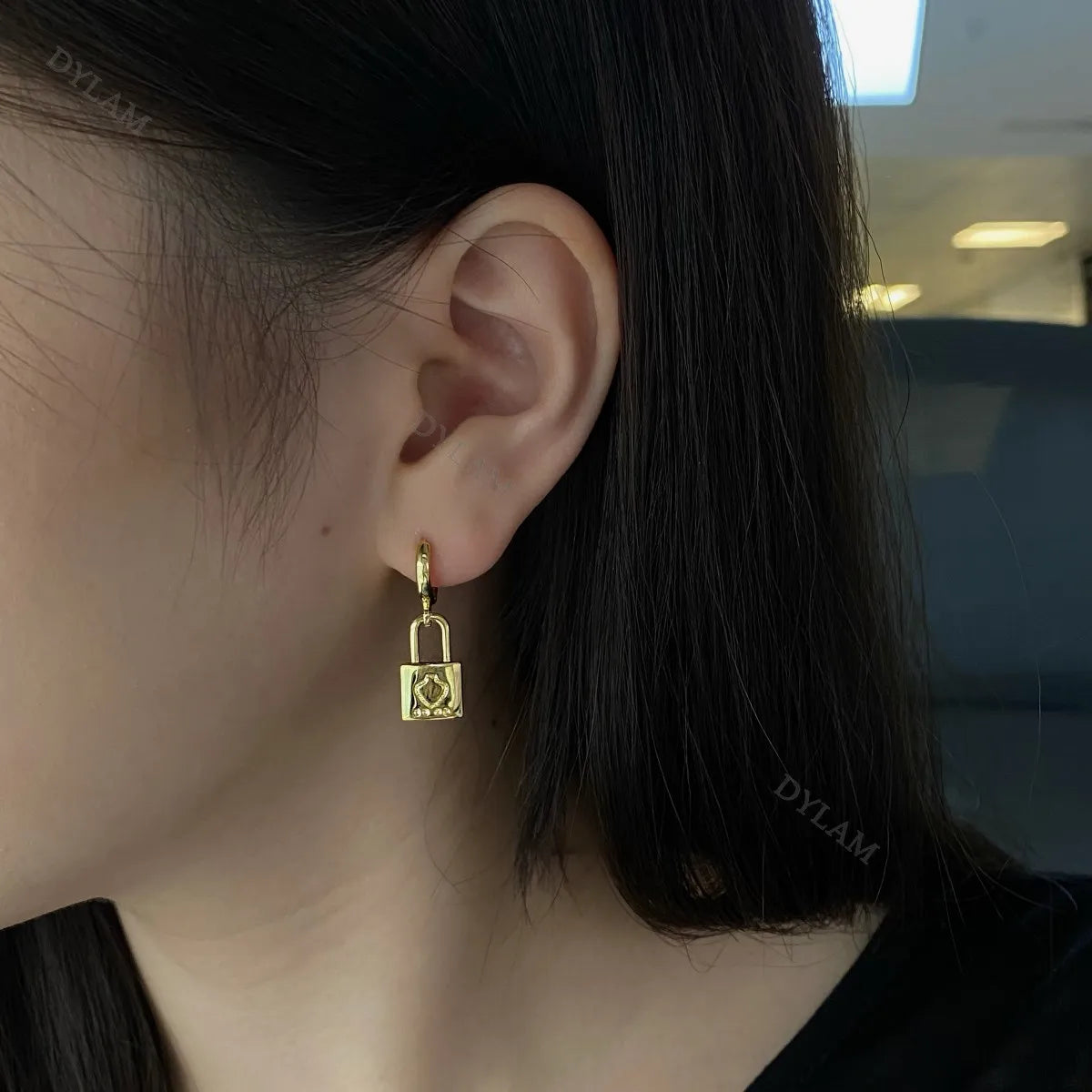 Silver Drop Lock Huggie Earrings
