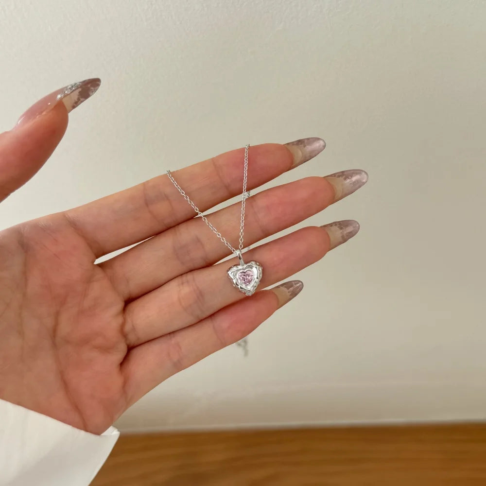 Silver Zircon Heart Cut Melting Heart Pendant Necklace