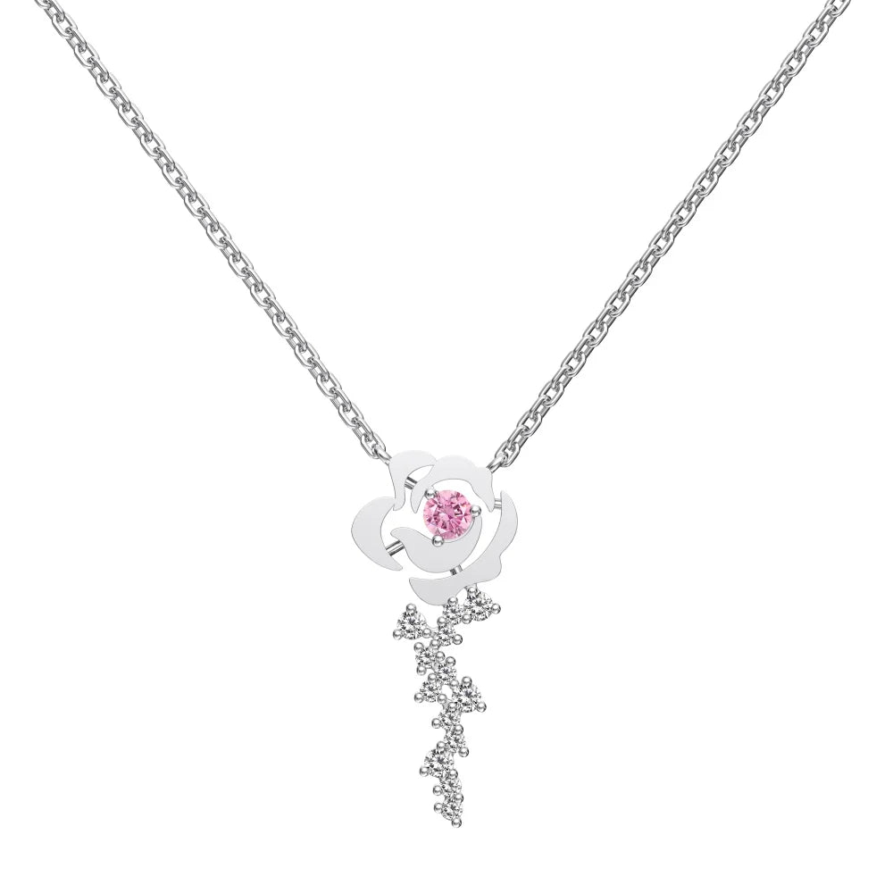 Silver Zircon Round Cut Blossom Rose Pendant Necklace
