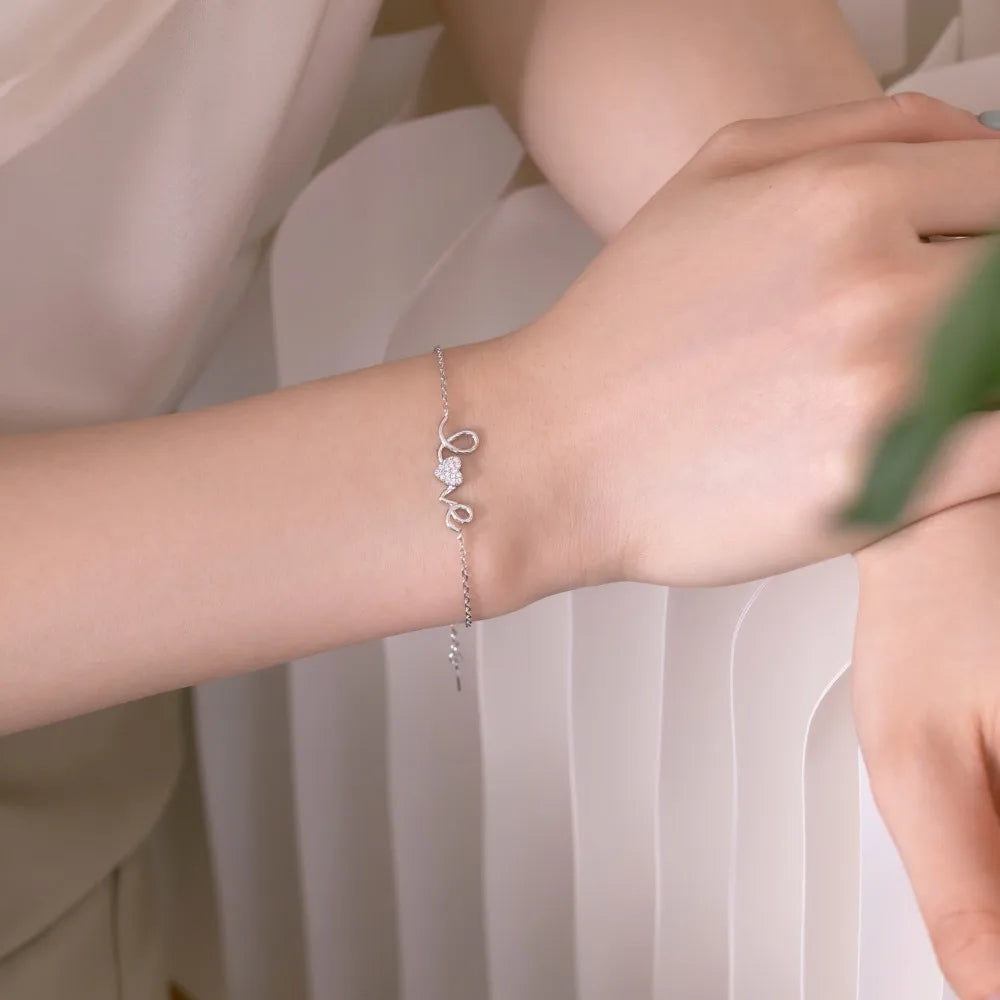 Silver Zircon Round Cut Love Chain Bracelet