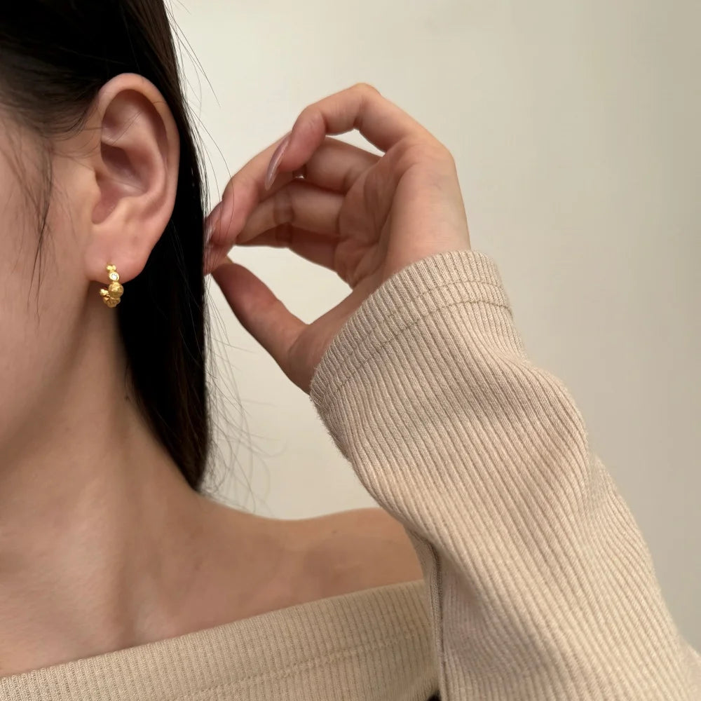 Silver Zircon Round Cut Brushed Huggie Earrings