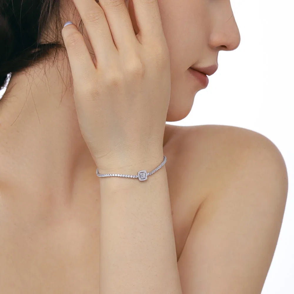 Silver Zircon Baguette Cut Halo Tennis Bracelet