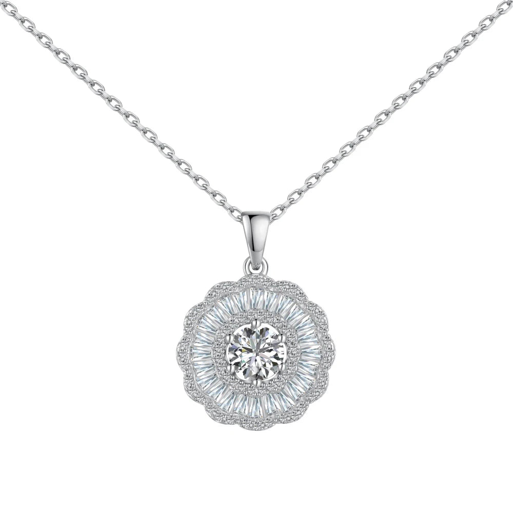 Silver Zircon Tapered Baguette Cut Halo Flower Pendant Necklace