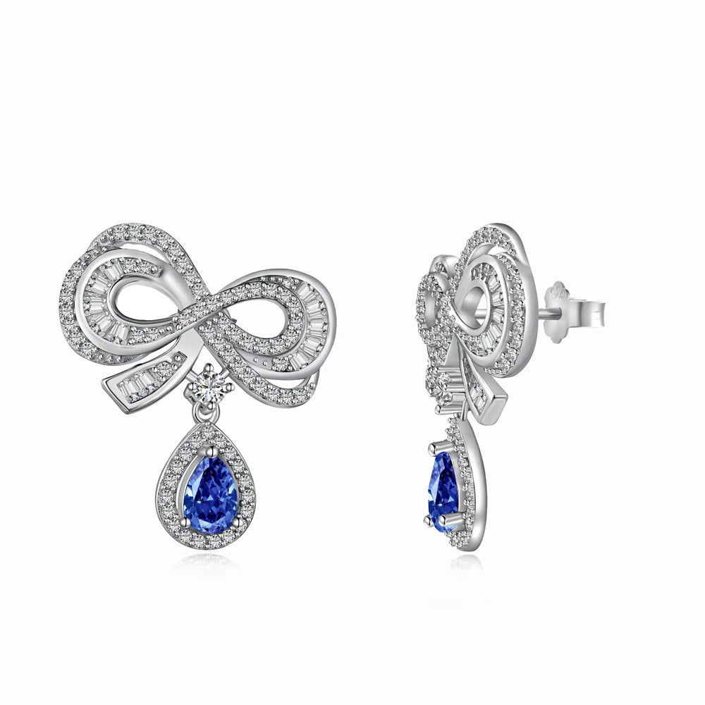 Silver Zircon Pear Cut Bow Knot Drop Earrings