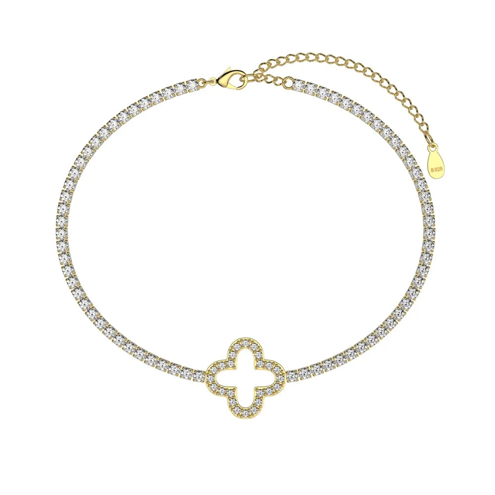 Silver Zircon Round Cut Hollow Inlaid Clover Tennis Bracelet