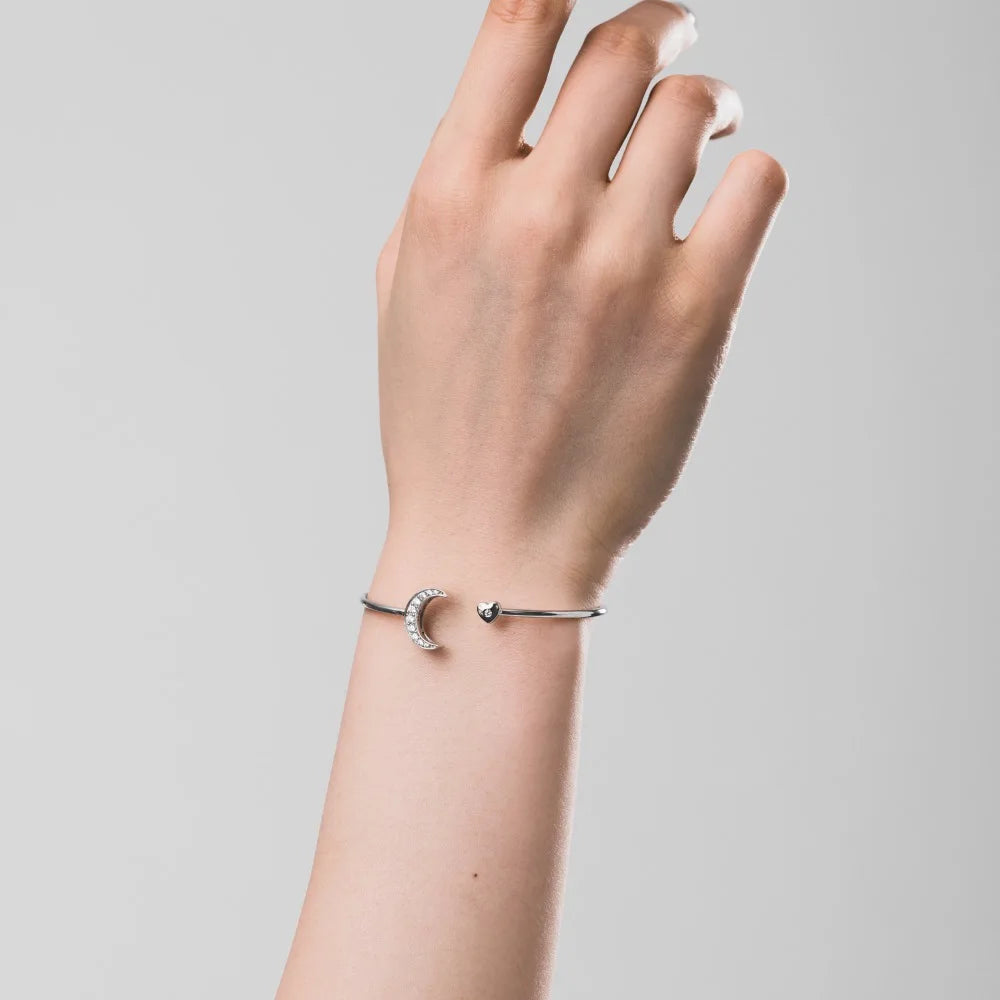 Silver Zircon Round Cut Crescent Bangle Bracelet