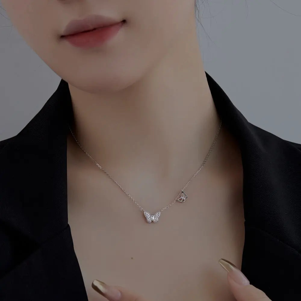 Silver Zircon Marquise Cut Inlaid Butterfly Pendant Necklace
