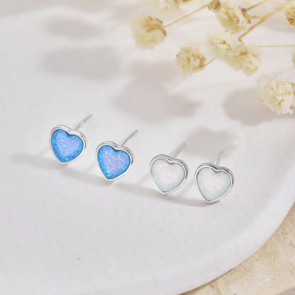 Silver Opal Heart Cut Simple Ear Studs