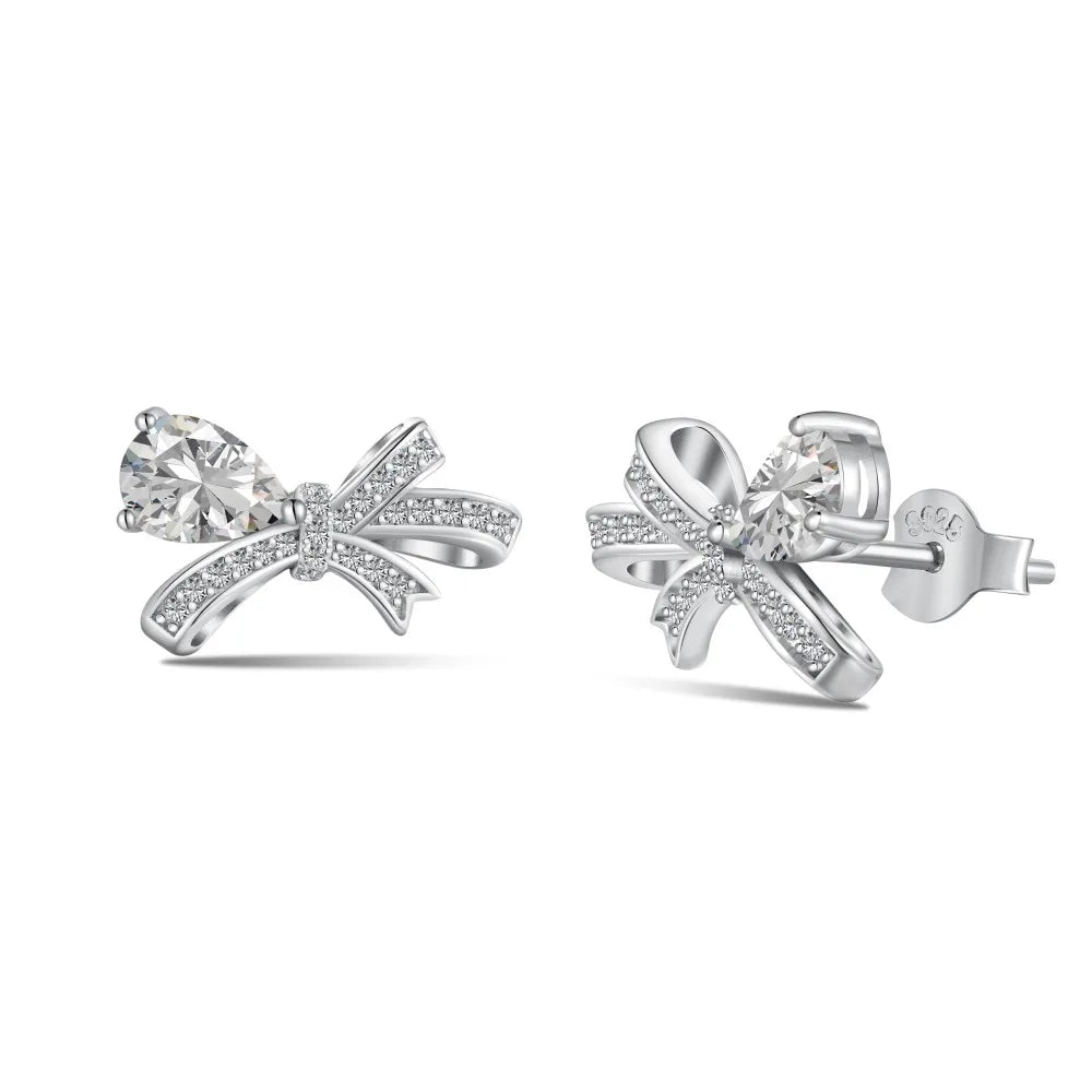 Silver Zircon Pear Cut Bow Knot Ear Studs