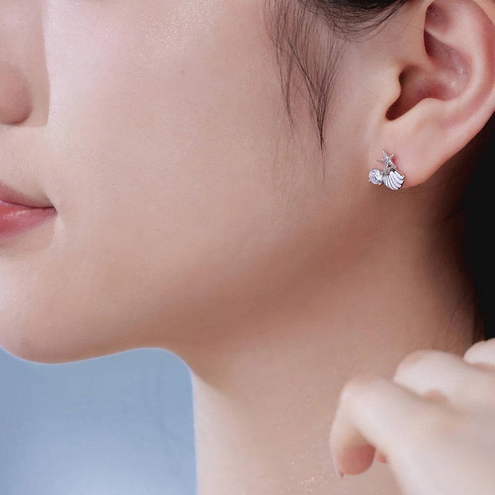 Silver Zircon Round Cut Shell Ear Studs