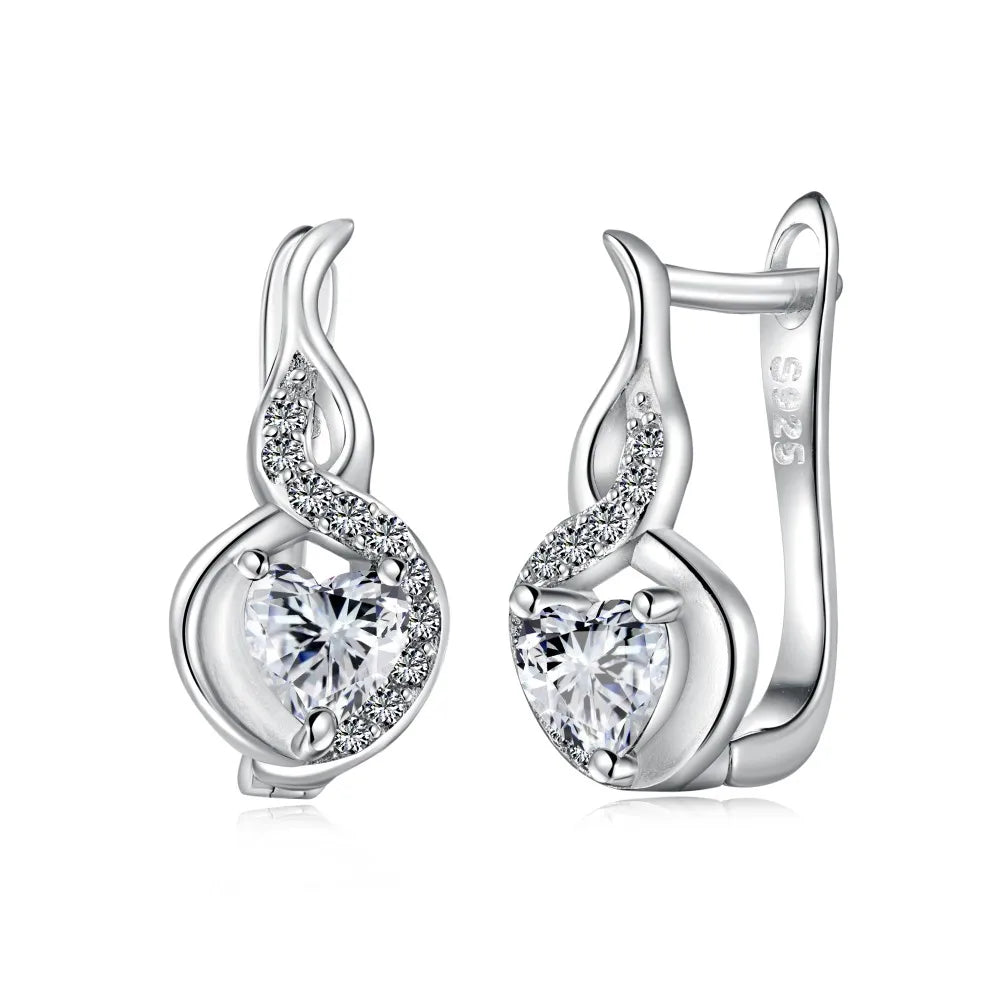 Silver Zircon Heart Cut Twisted Huggie Earrings